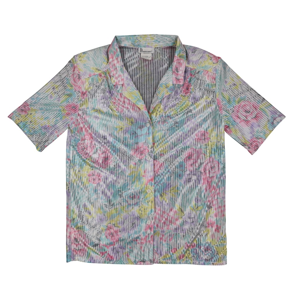 Donnkenny Blouse Womens 12 Vintage 90s Pastel Floral Sheer Stripe Button Up USA